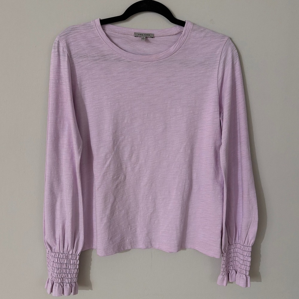 Lisa Todd Lavender Slub Cotton Smocked Ruffle Cuff Long Sleeve Top Women Small